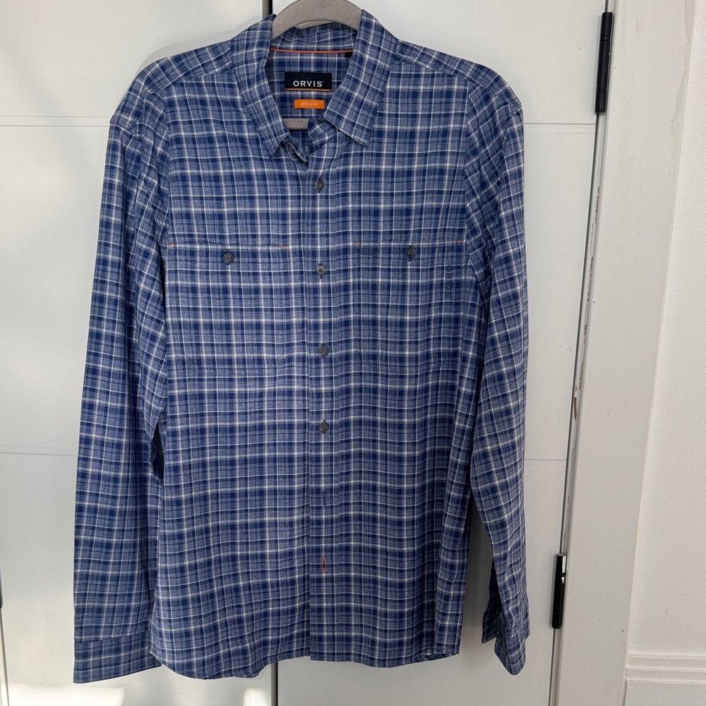 Orvis Men's Casual Blue Checkered Shirt